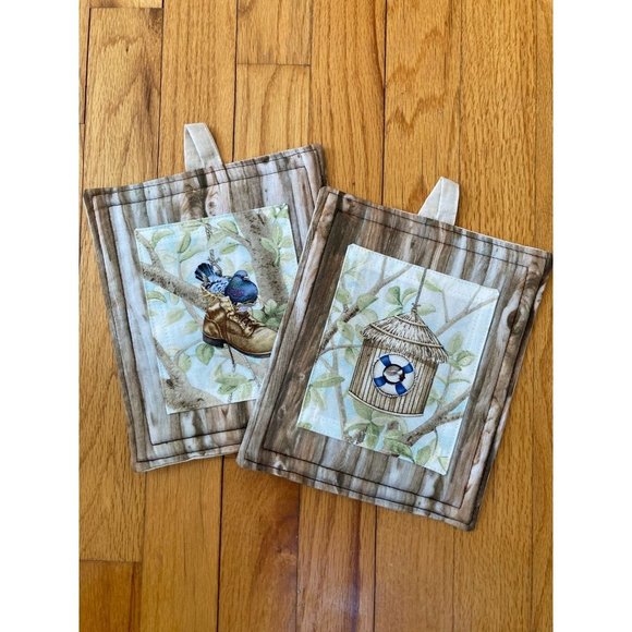 Set of 2 Neutral Rustic Pigeon Nature Bird Lover Pot Holders 7 x 8in w Hang Tags - Picture 1 of 5